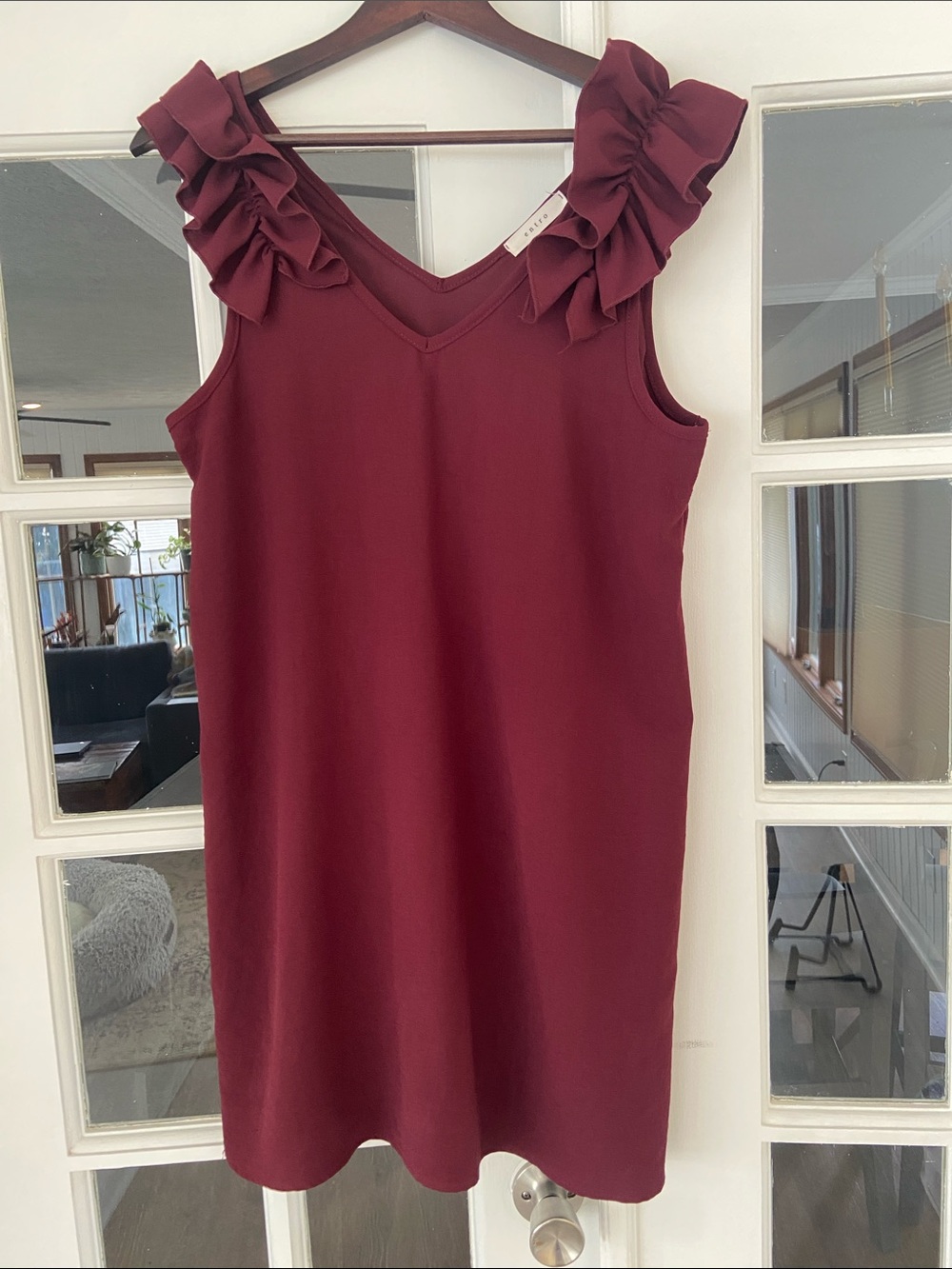 entro by Anthropology Burgundy Ruffle-Shoulder Mini Shift Dress